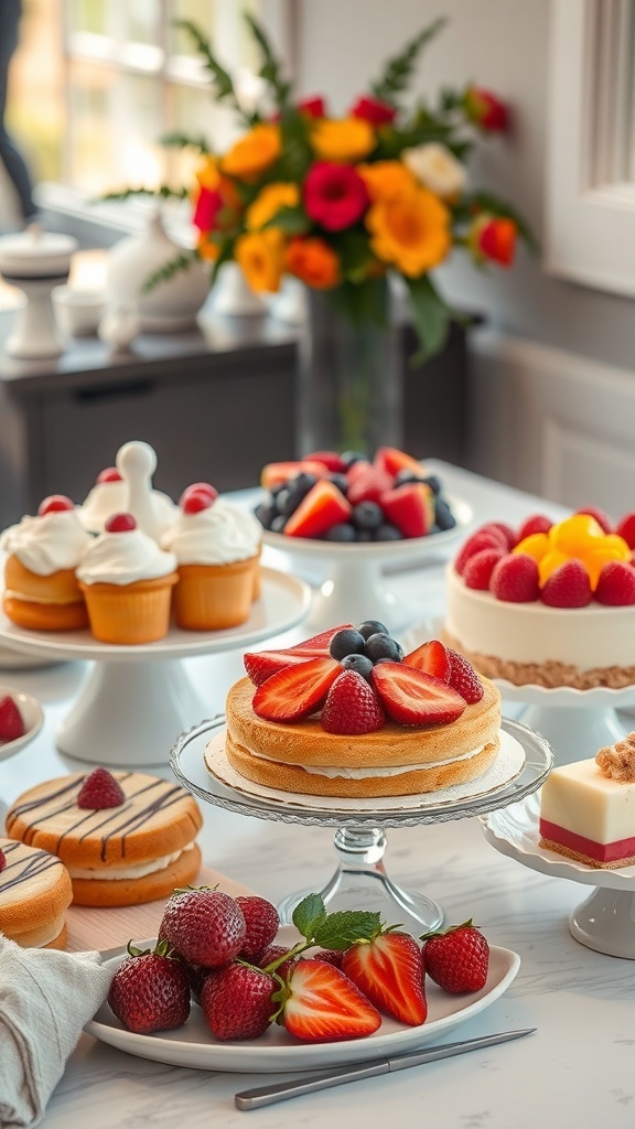 A beautiful display of desserts including cakes, cupcakes, and fresh fruits, with colorful flowers in the background.