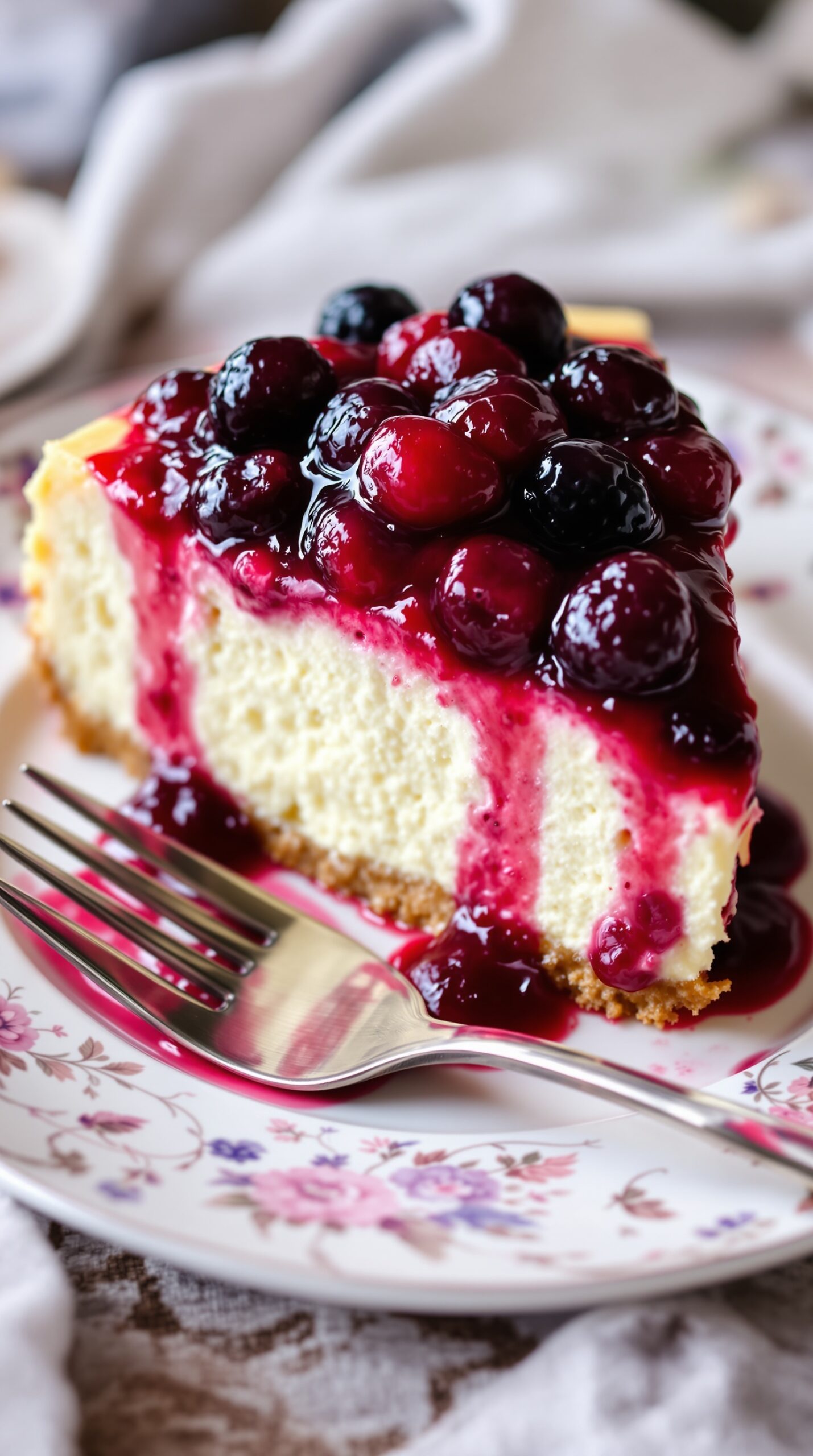 A slice of velvety cheesecake topped with a berry compote on a floral plate with a fork.