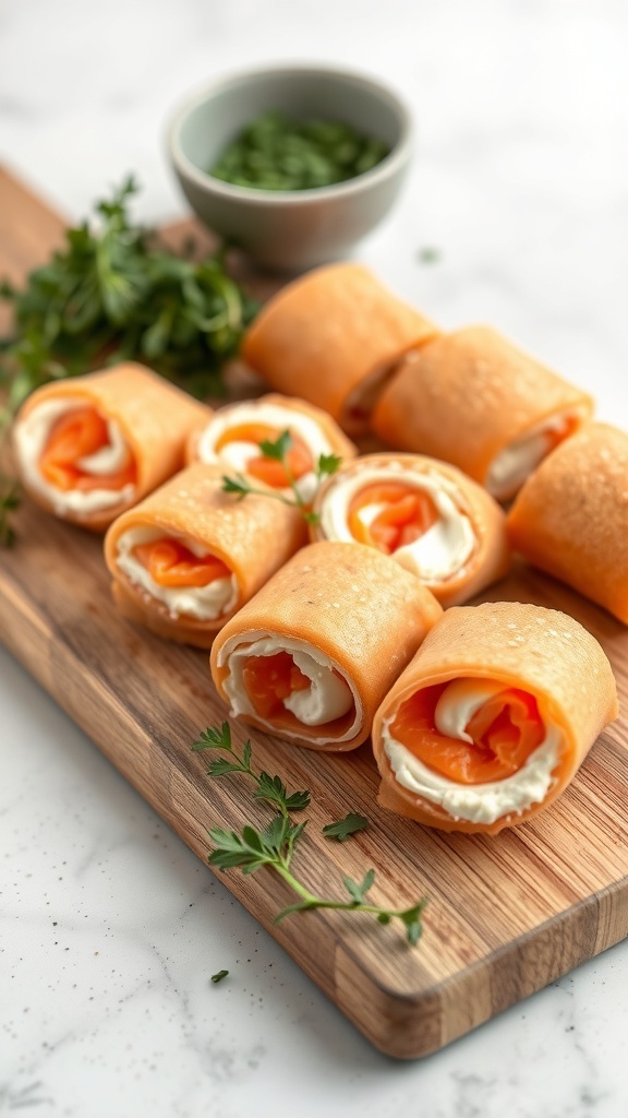 Salmon and cream cheese roll-ups on a wooden board with fresh herbs