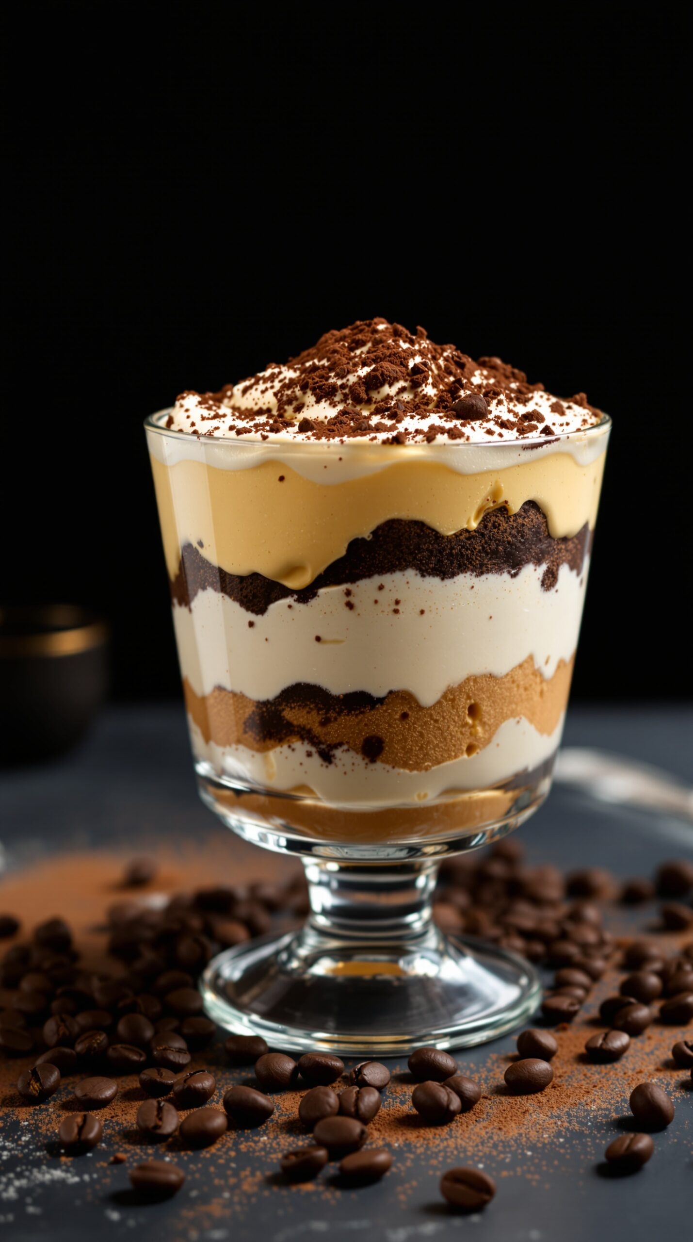 A glass of classic tiramisu layered with coffee-soaked ladyfingers and mascarpone, topped with cocoa powder and coffee beans.