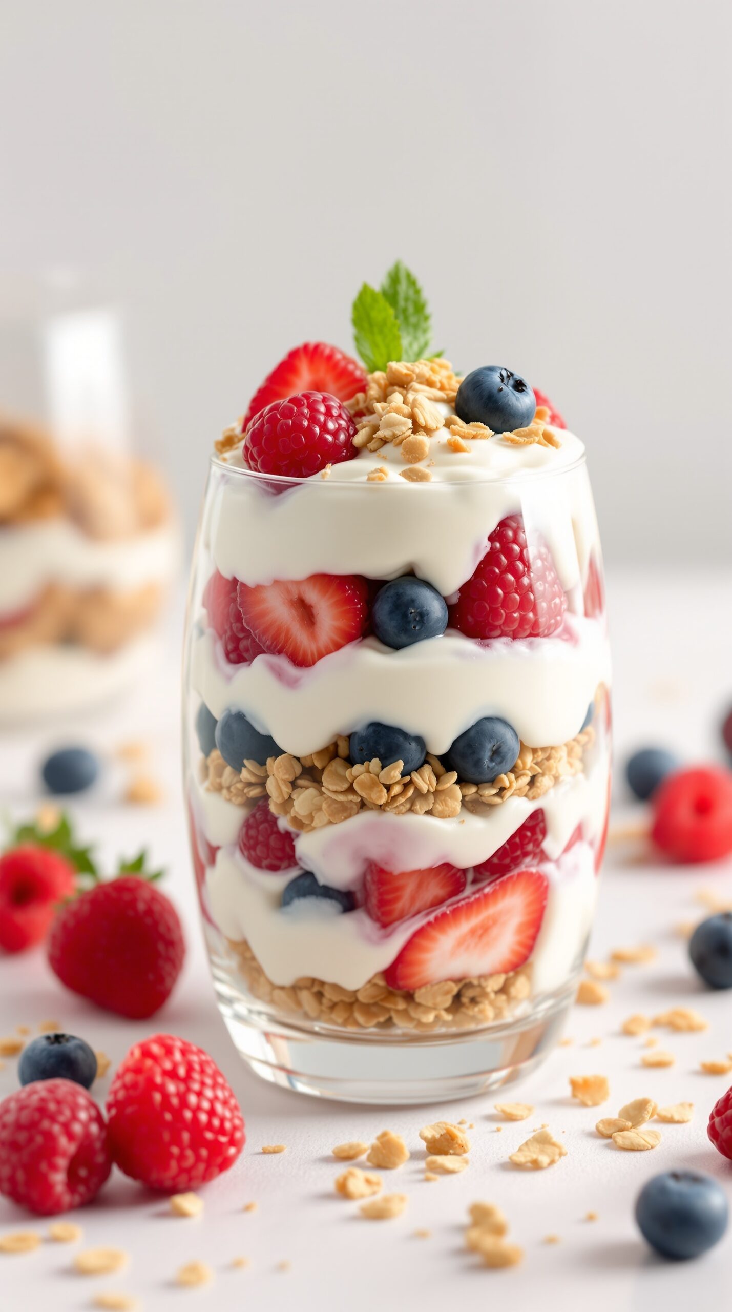 A delicious Greek yogurt and berry parfait layered with granola, strawberries, and blueberries.