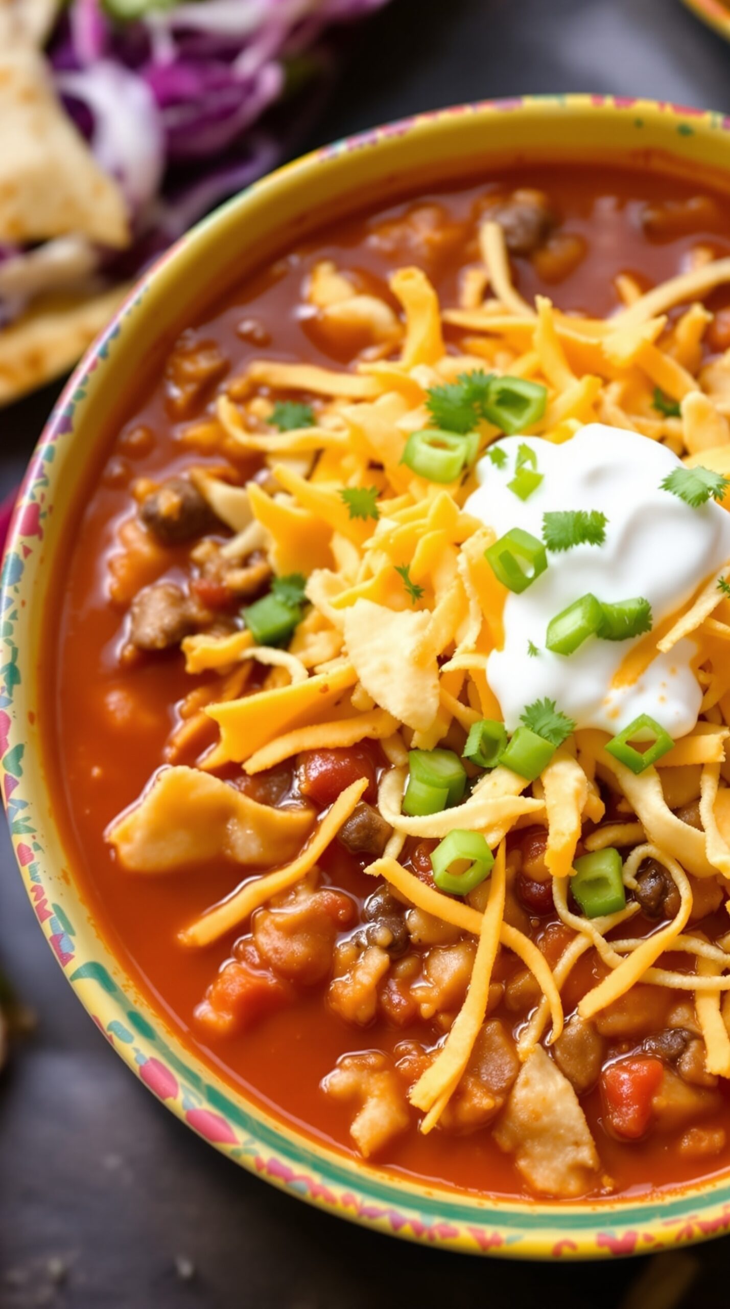 A bowl of loaded taco soup topped with cheese, sour cream, green onions, and tortilla strips.