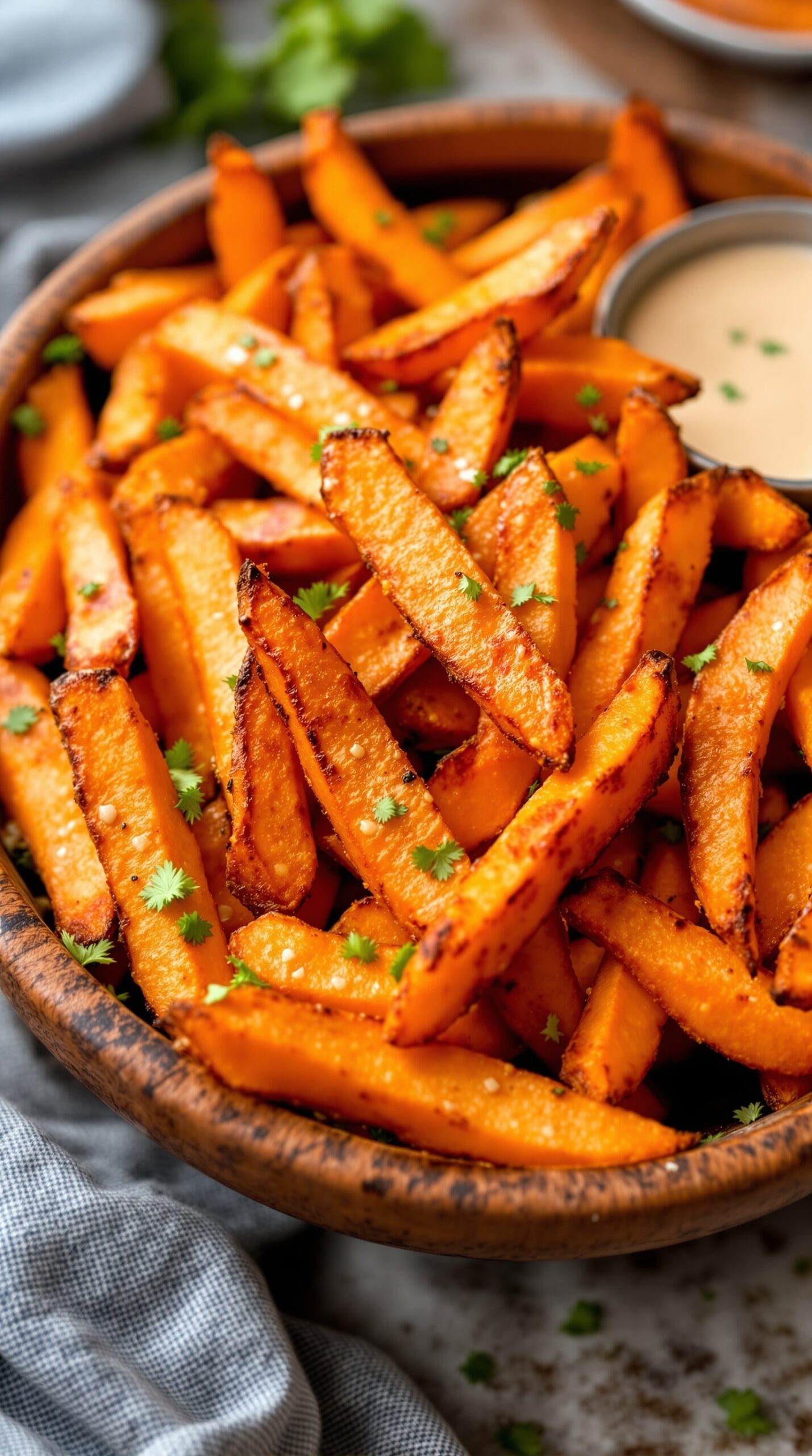 A bowl of crispy baked sweet potato fries garnished with herbs, served with a dipping sauce.