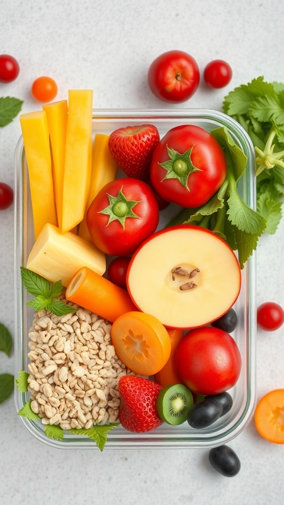 A colorful lunch box filled with cherry tomatoes, carrot sticks, strawberries, cheese sticks, rice cakes, apple slices, and olives.