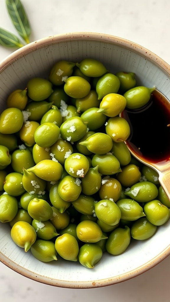 A bowl of edamame with sea salt, showcasing vibrant green soybeans.