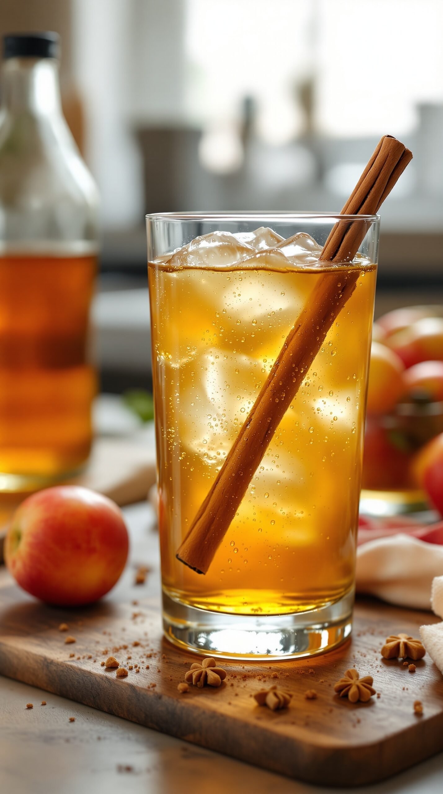 A refreshing apple cider vinegar tonic with ice and a cinnamon stick