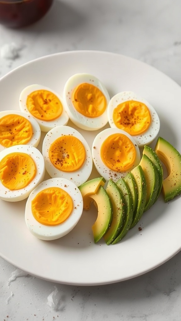 A plate of hard-boiled eggs sliced in half next to avocado slices, seasoned with salt and pepper.