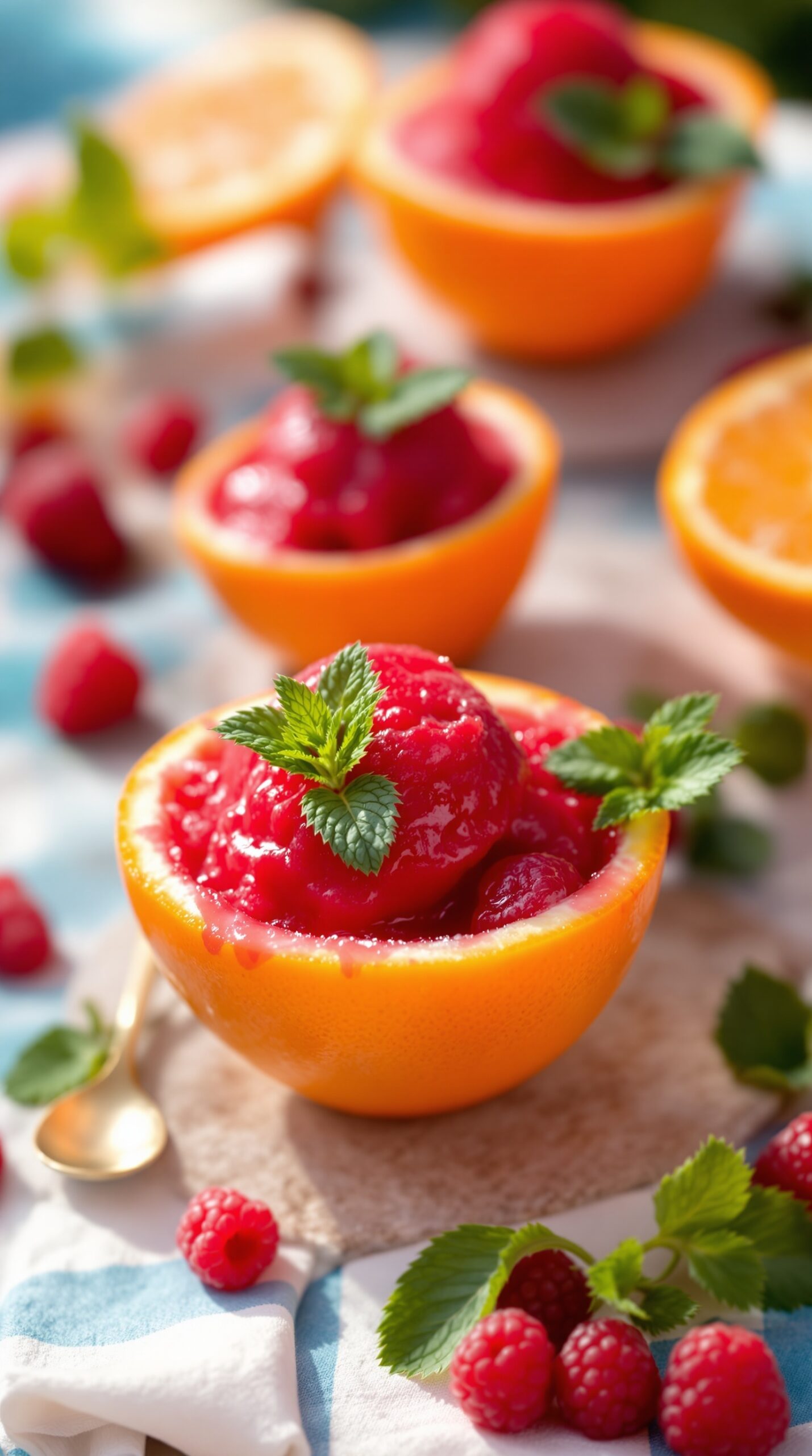 Raspberry sorbet served in orange bowls with mint leaves and fresh raspberries