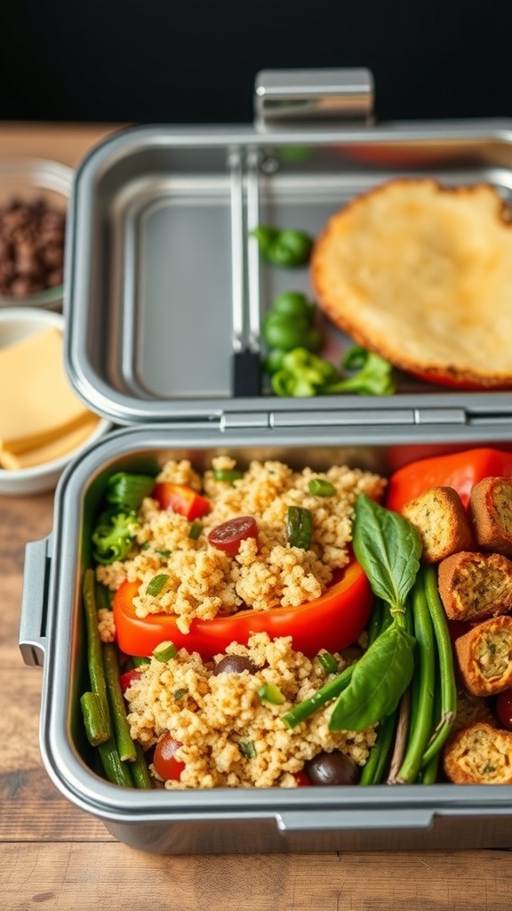 A lunch box filled with quinoa salad, green beans, and veggie bites.