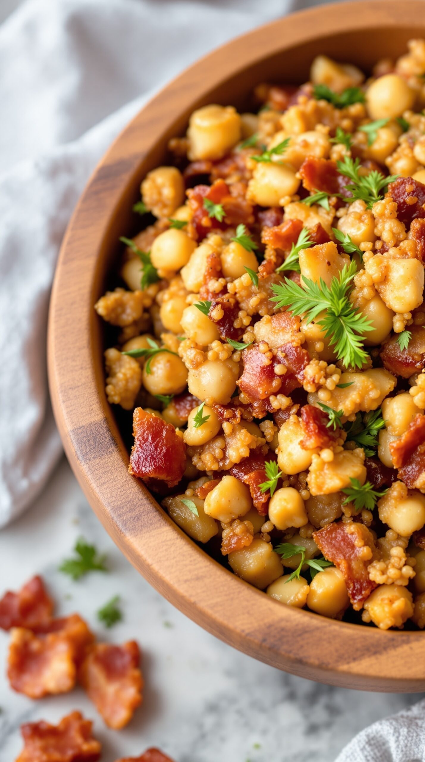 A bowl of chestnut and bacon stuffing with herbs and crispy bacon pieces.