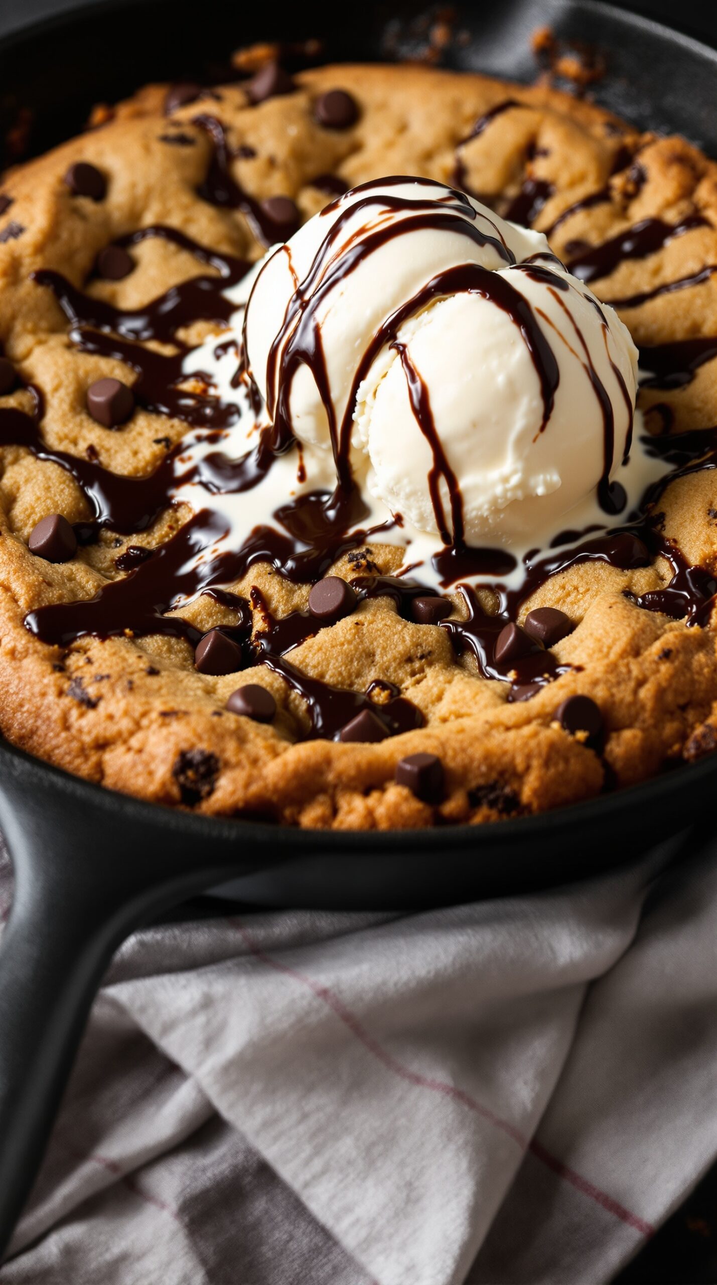 A warm chocolate chip cookie skillet dessert topped with vanilla ice cream and chocolate sauce.