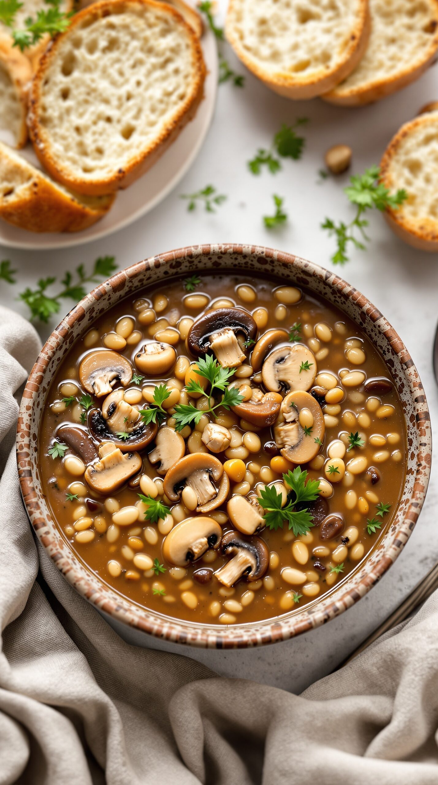 A bowl of mushroom barley soup with fresh herbs and slices of bread on the side.