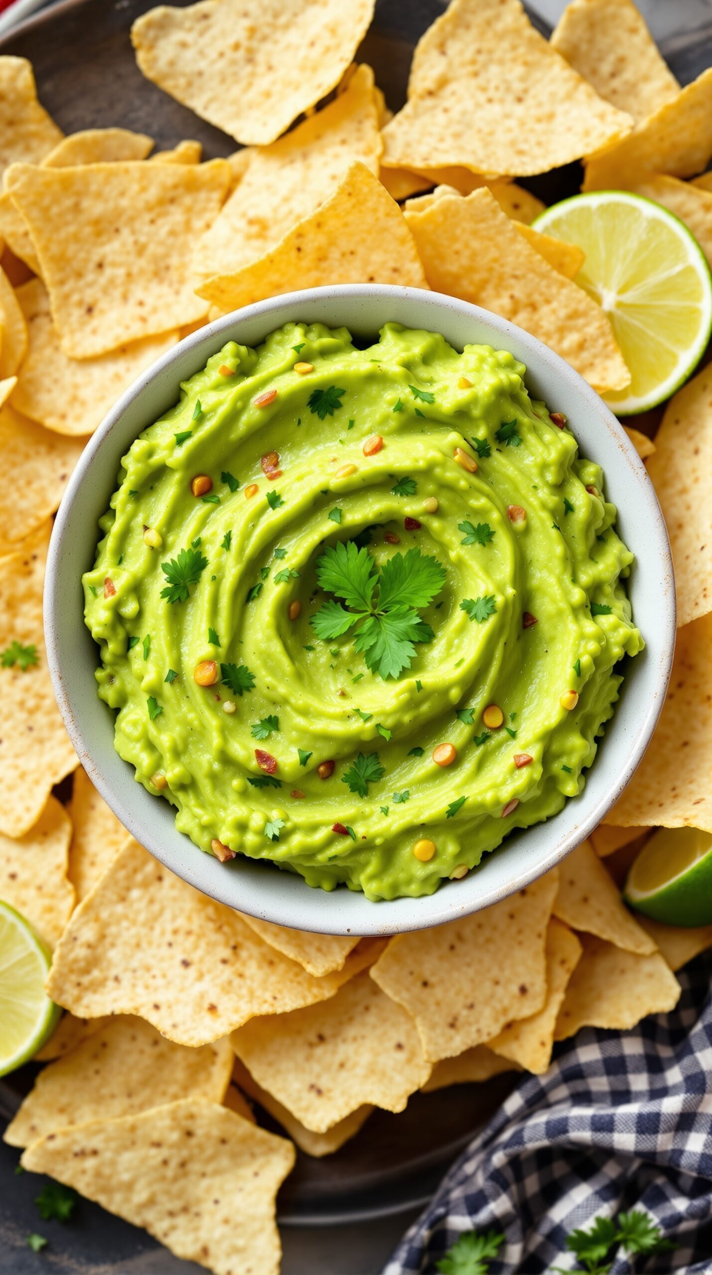 A bowl of guacamole garnished with cilantro, surrounded by tortilla chips and lime slices.