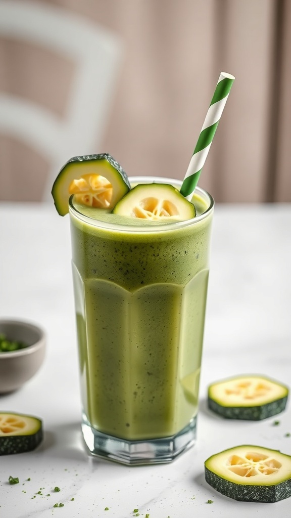 A refreshing zucchini bread smoothie in a glass with a green straw, garnished with cucumber slices.