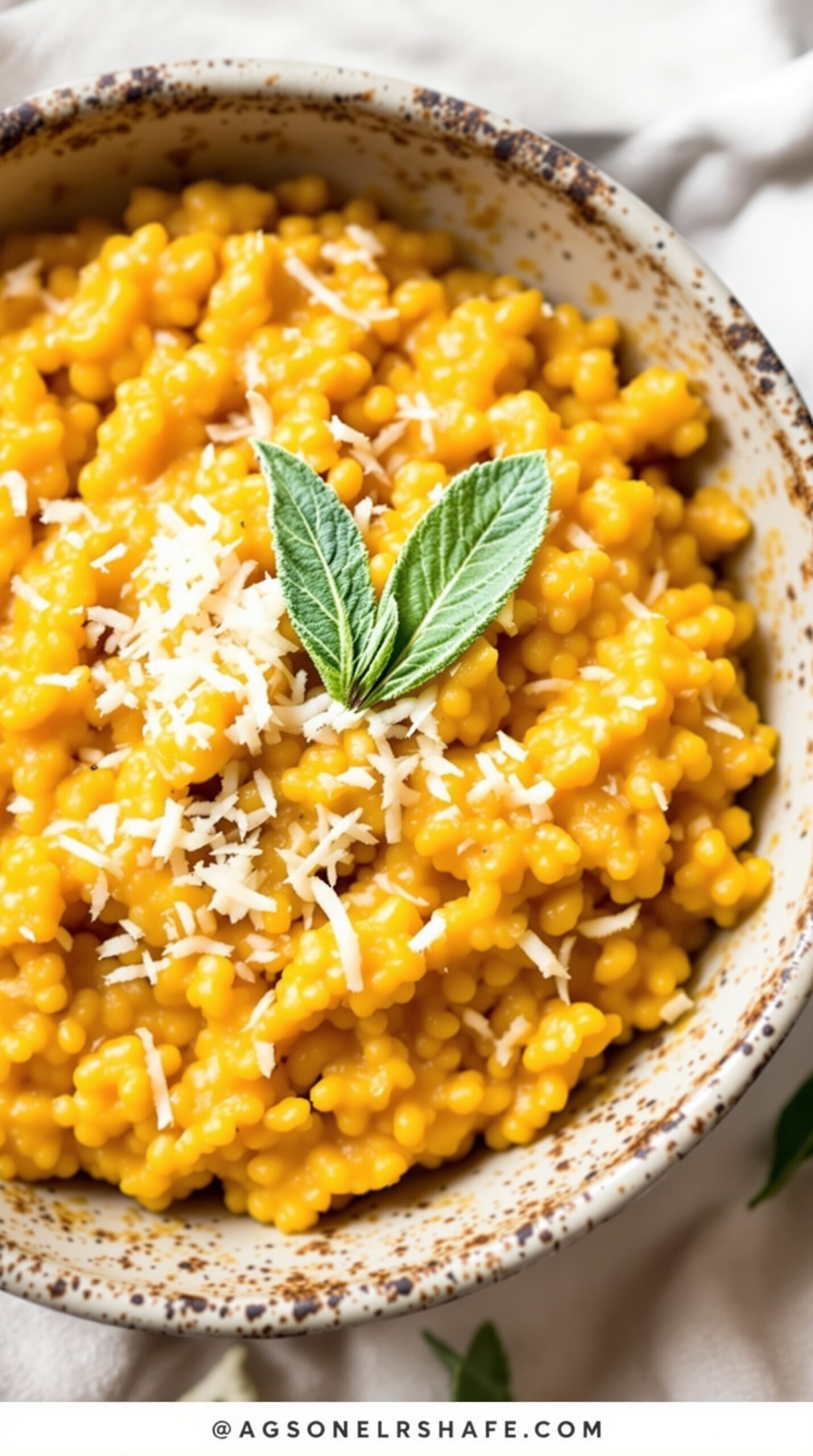 A bowl of creamy butternut squash risotto topped with grated cheese and fresh herbs.
