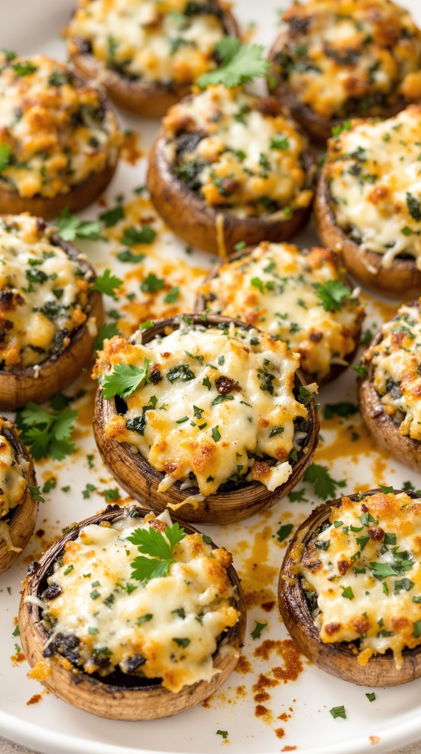 A plate of savory stuffed mushrooms topped with cheese and herbs.