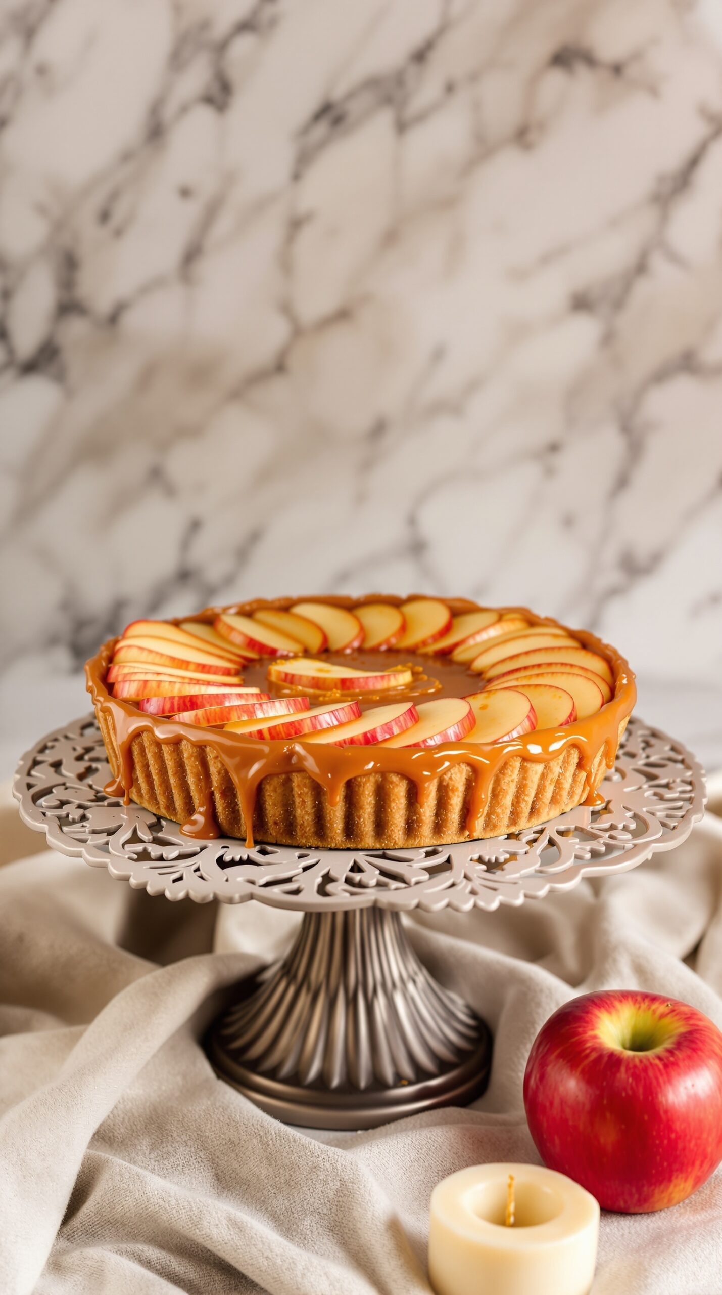 A caramel apple tart with sliced apples on top, sitting on a decorative stand.