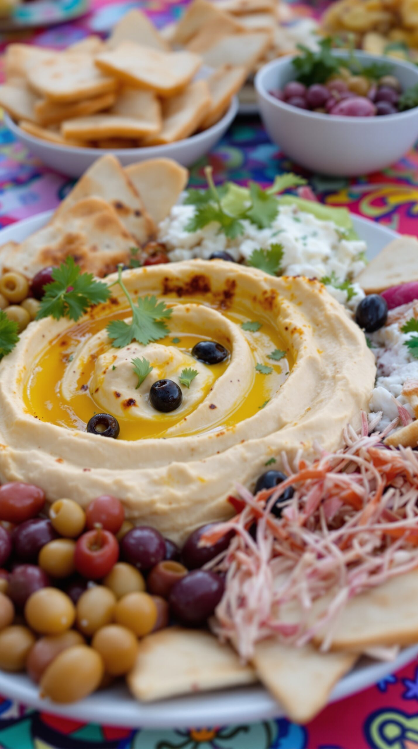 A colorful Mediterranean hummus platter featuring creamy hummus, olives, pita chips, and fresh herbs.