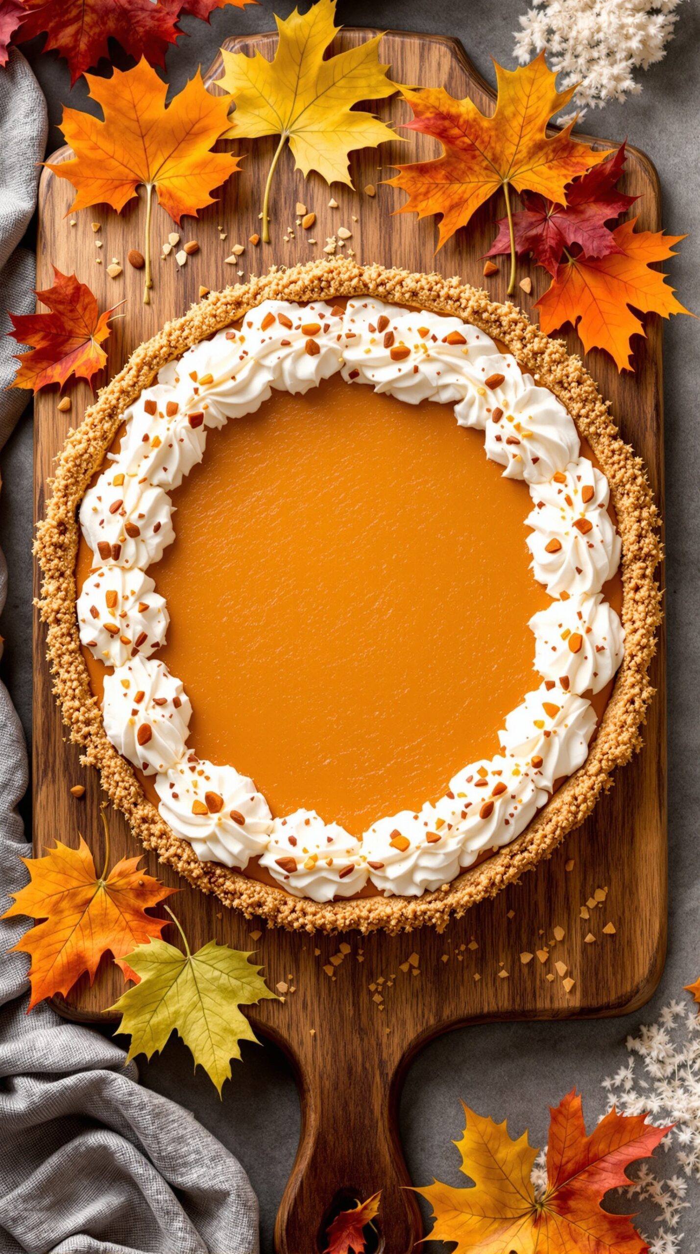 A vegan pumpkin pie with whipped cream and nuts, surrounded by autumn leaves on a wooden board.