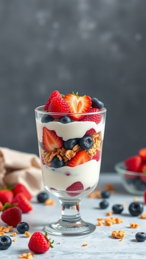 A delicious Greek yogurt parfait with layers of yogurt, strawberries, blueberries, and granola.