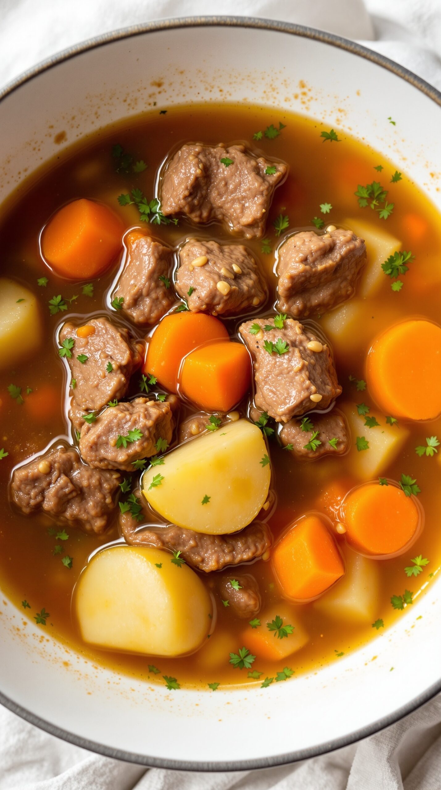 A bowl of beef and vegetable soup with chunks of beef, carrots, and potatoes.