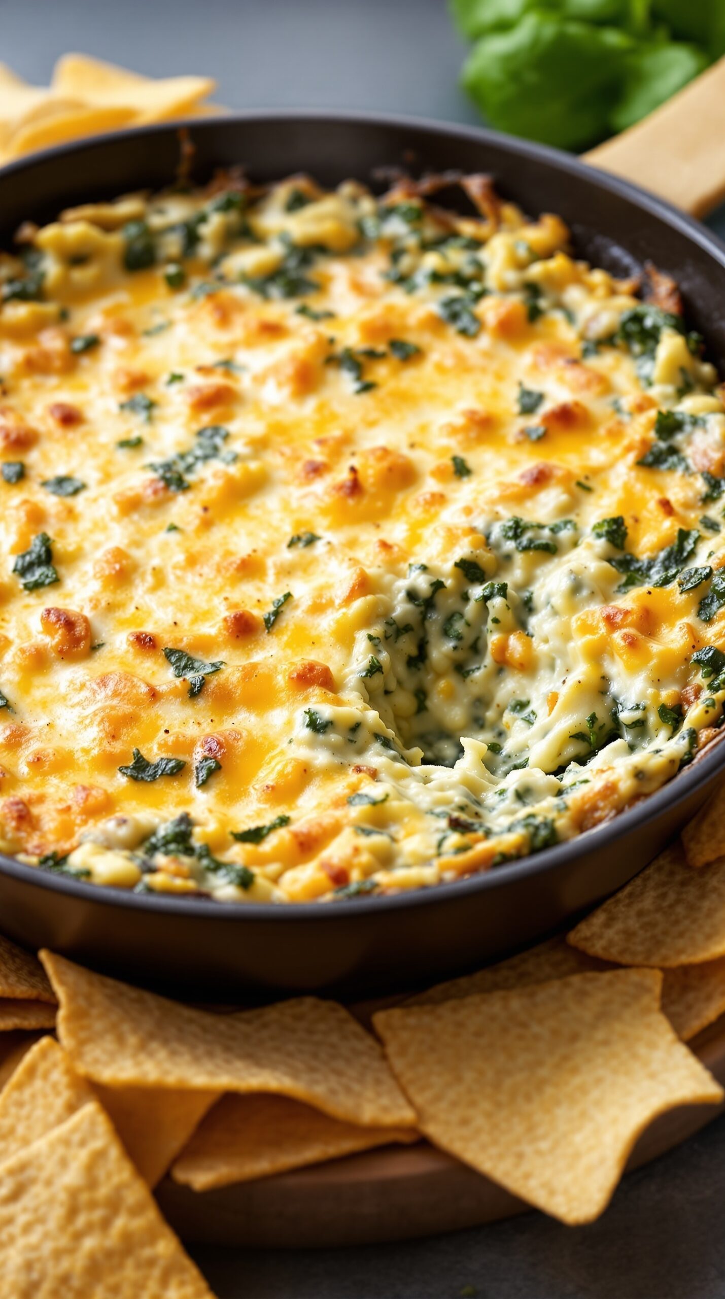A creamy spinach artichoke dip in a black dish surrounded by tortilla chips.