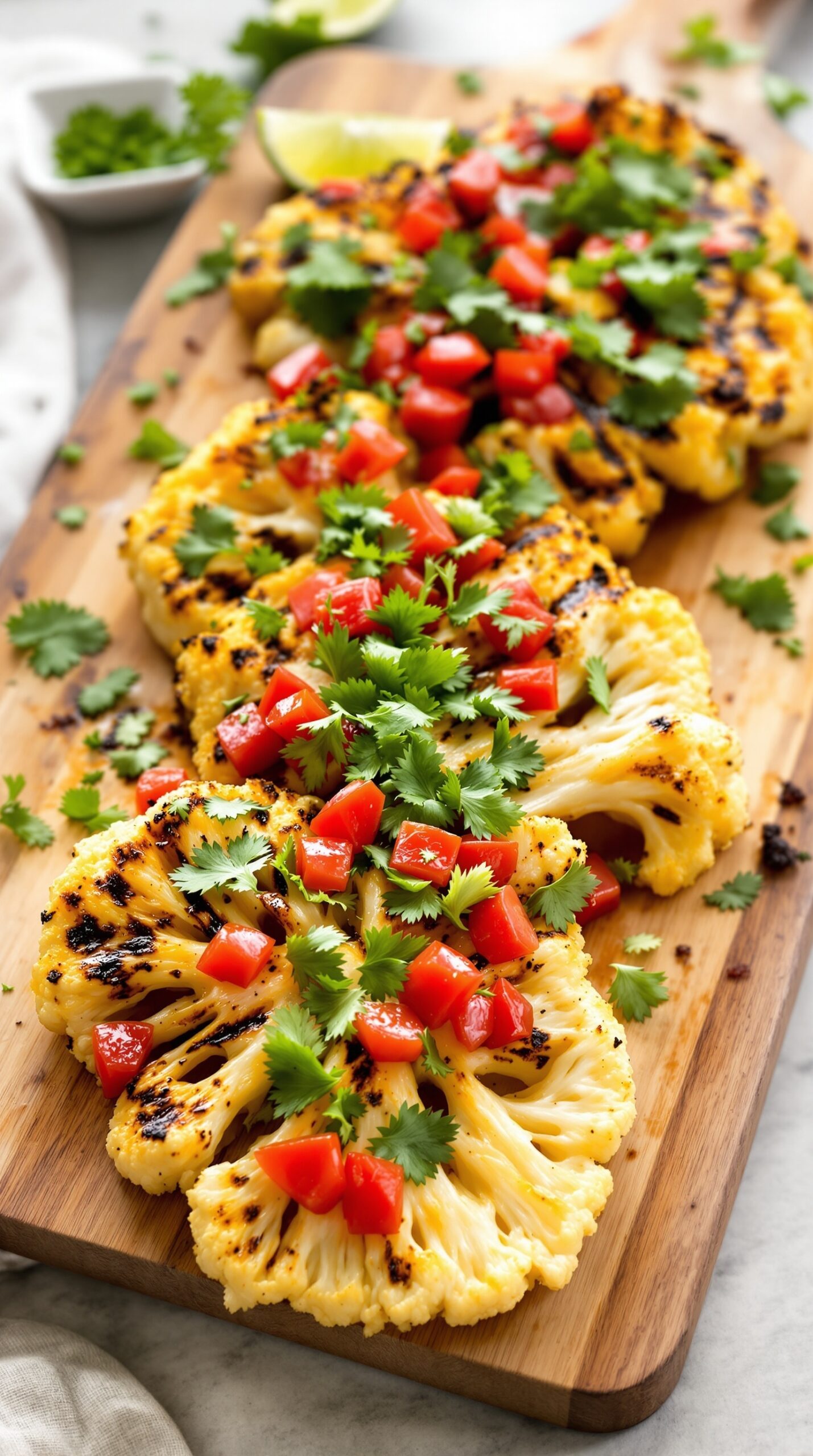 Grilled cauliflower steaks topped with tomatoes and cilantro on a wooden board.
