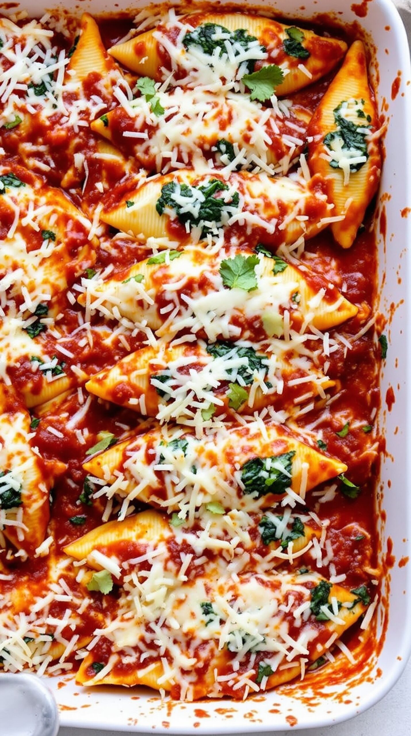 A dish of spinach and ricotta stuffed shells topped with marinara sauce and cheese.