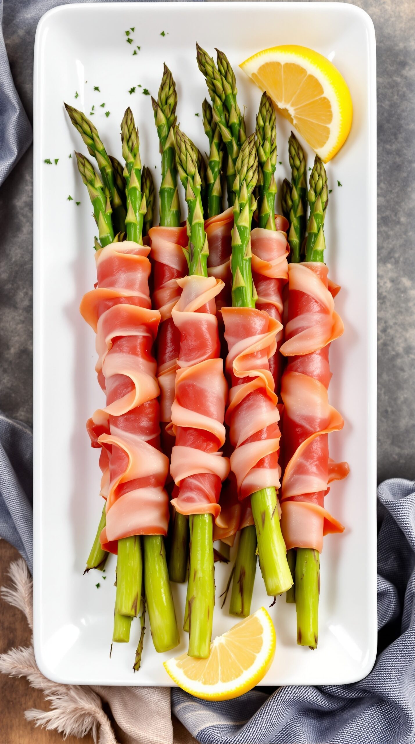 A plate of prosciutto-wrapped asparagus garnished with lemon wedges.