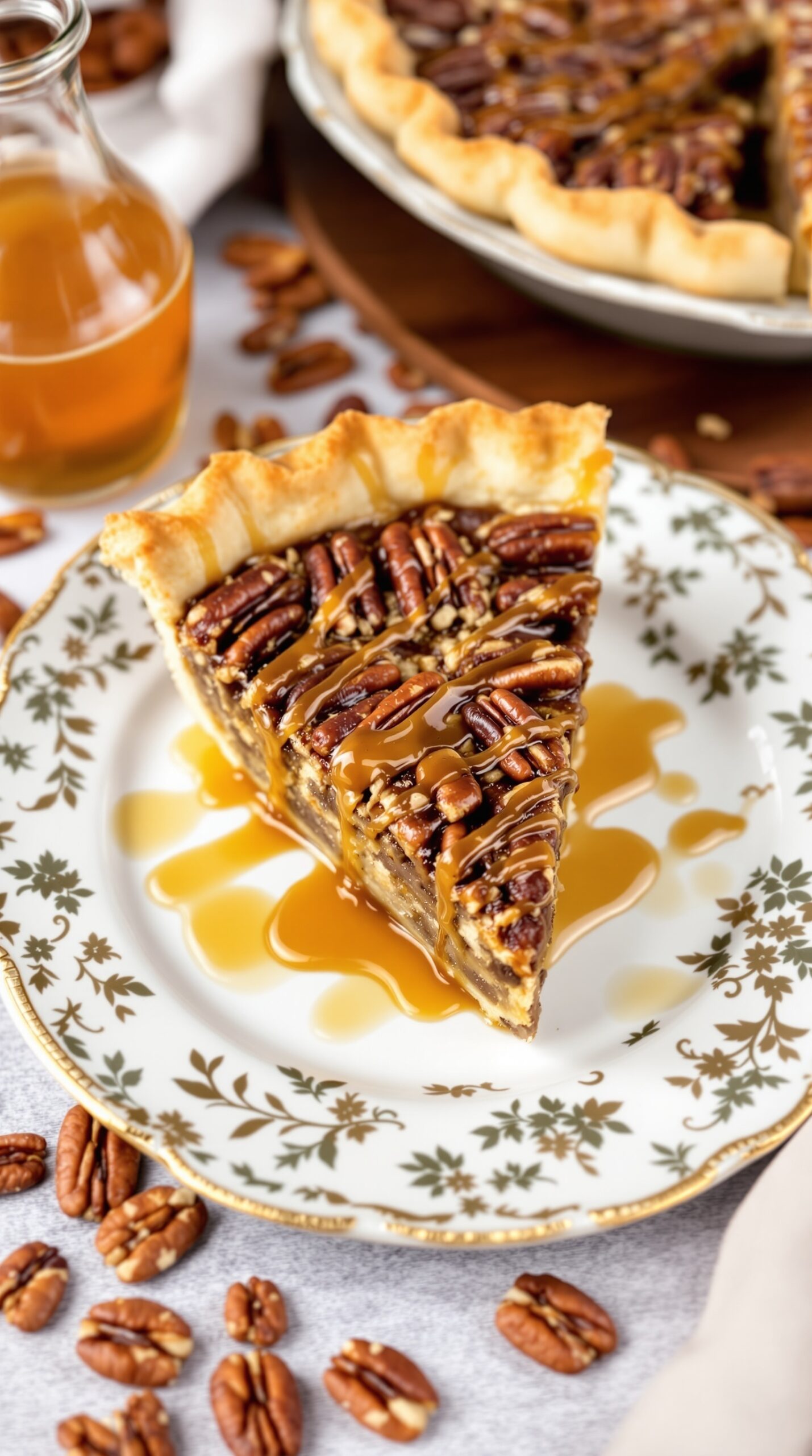 A slice of maple pecan pie on a decorative plate, drizzled with maple syrup, with whole pecans scattered around.