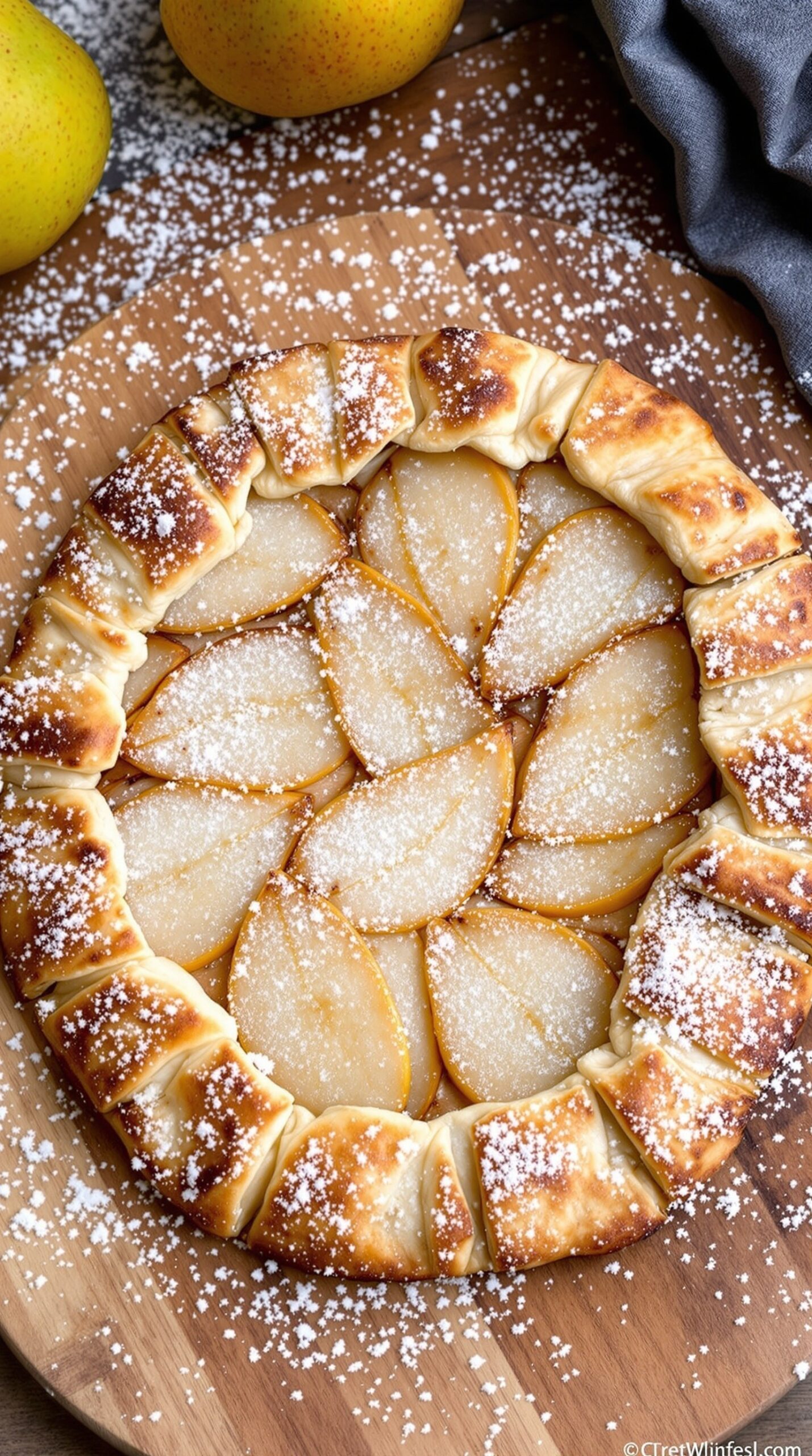 A spiced pear galette with a golden crust and powdered sugar on top, surrounded by fresh pears.
