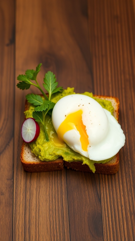 Egg and avocado toast on gluten-free bread topped with a poached egg and garnished with herbs and radish.