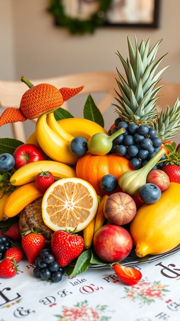 A vibrant arrangement of seasonal fruits including bananas, strawberries, blueberries, oranges, and lemons.