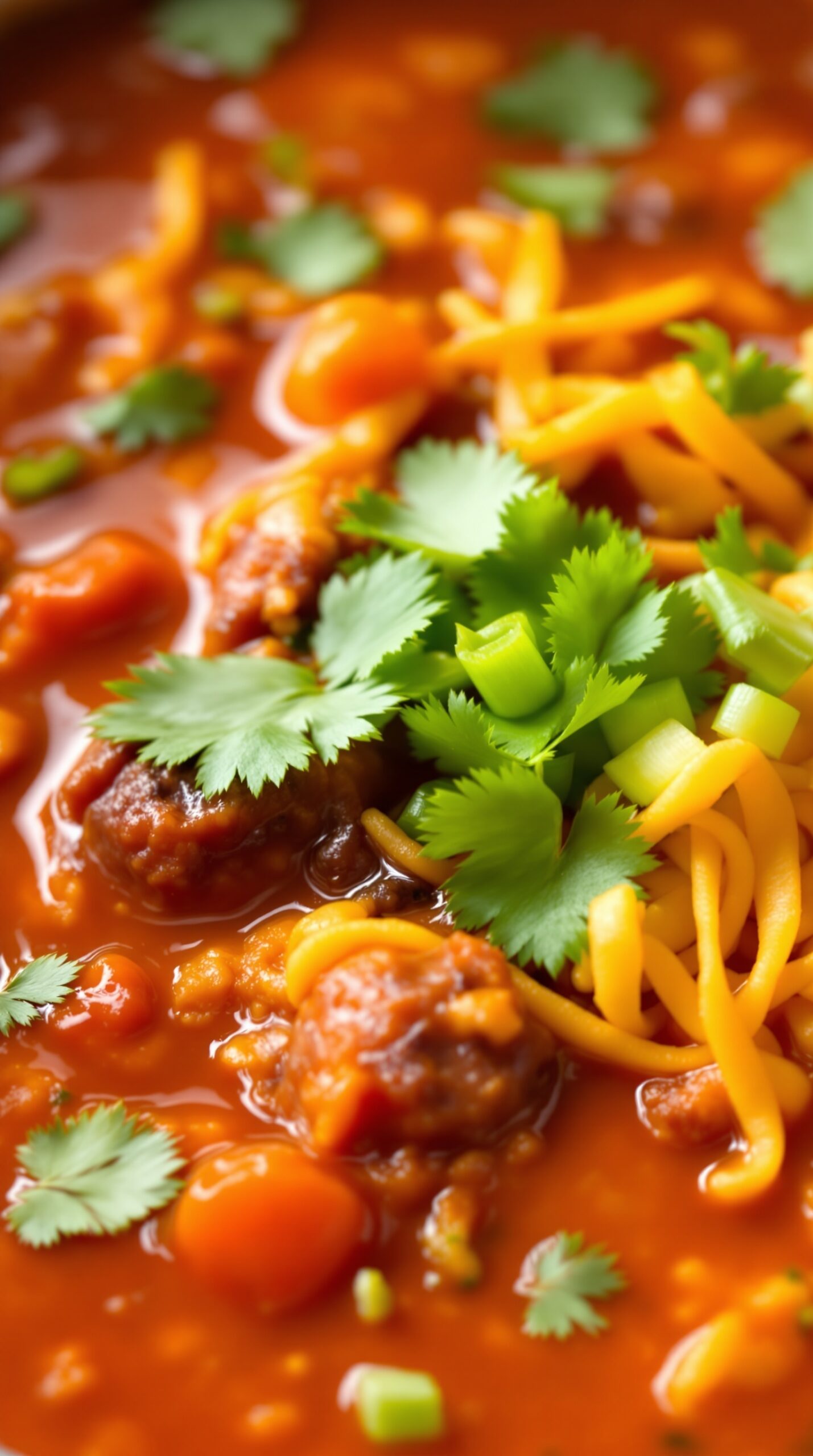 A close-up of taco soup garnished with fresh cilantro, green onions, and cheese.