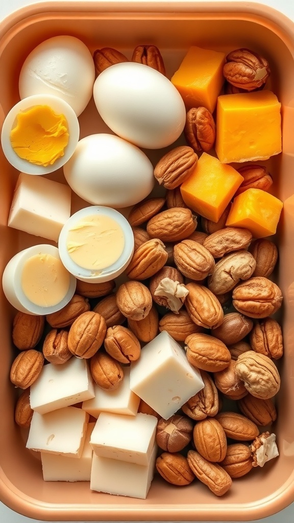 A lunch box filled with hard-boiled eggs, cheese cubes, and a variety of nuts.