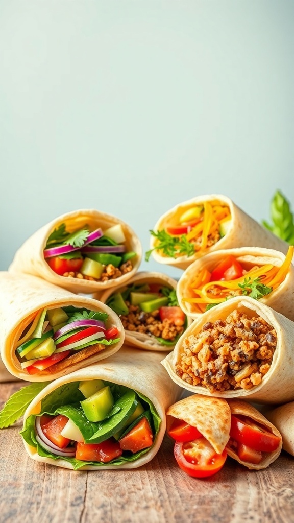A variety of colorful wraps filled with vegetables and proteins, displayed on a wooden surface.