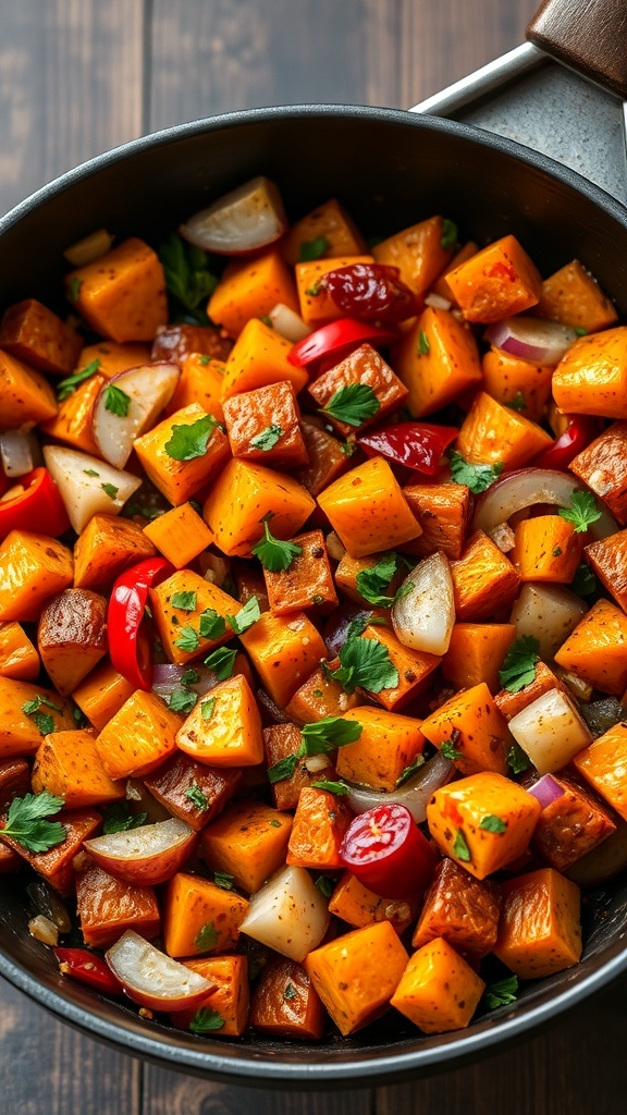 A colorful skillet of savory sweet potato hash with diced sweet potatoes, red peppers, and onions.