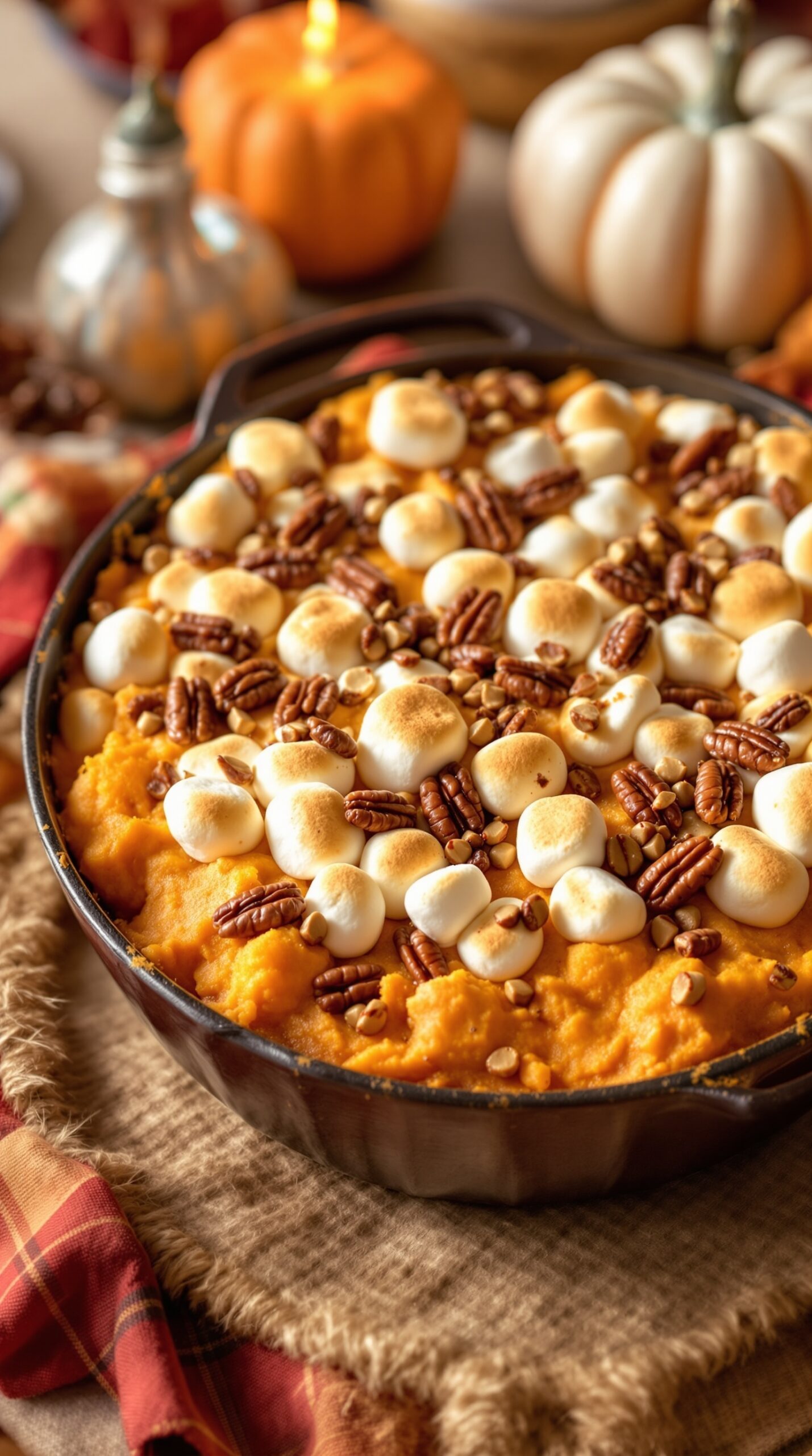 A delicious sweet potato casserole topped with toasted marshmallows and pecans, surrounded by fall decorations.
