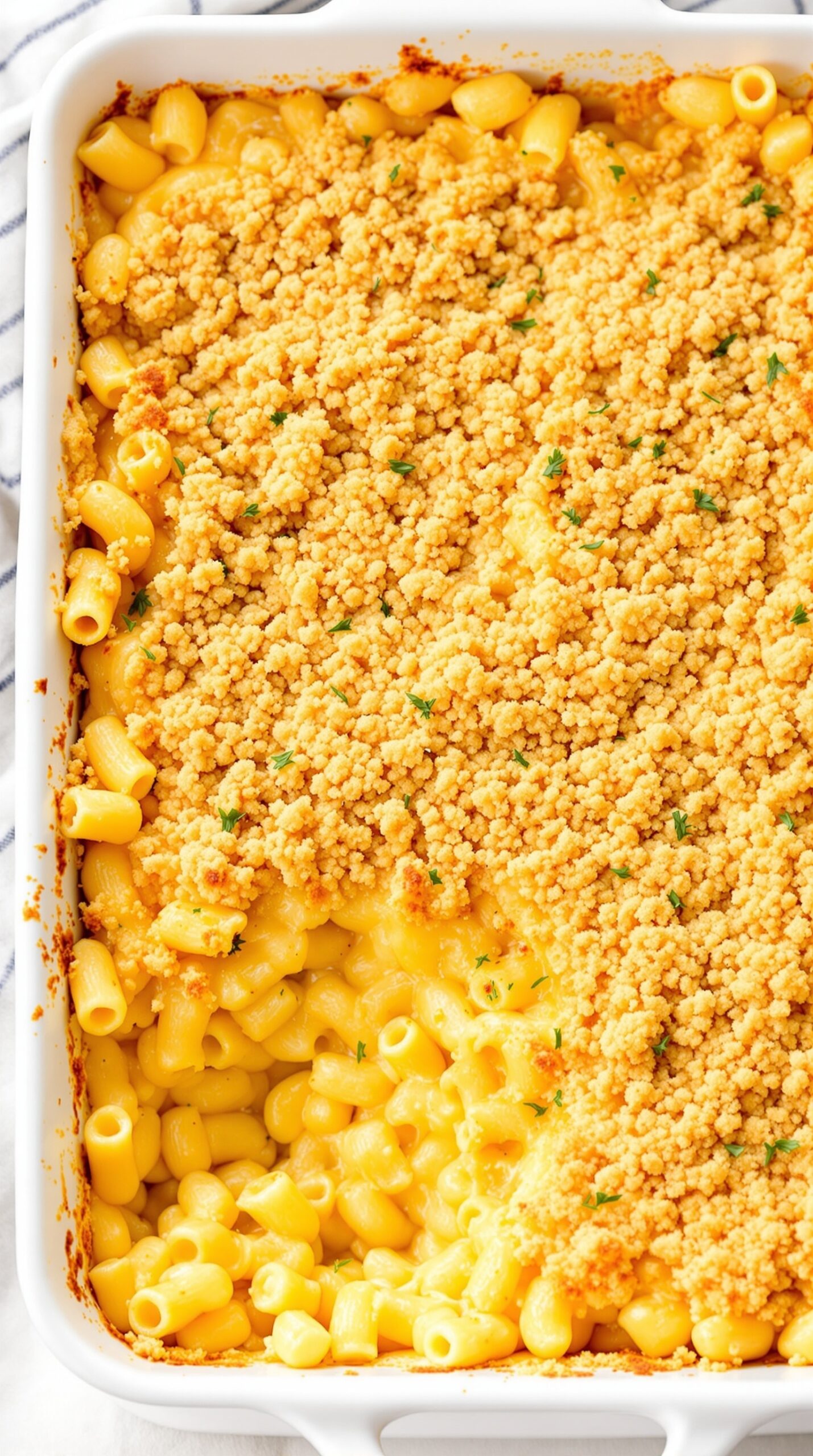A dish of baked mac and cheese with a crispy topping, showing golden brown breadcrumbs and creamy macaroni underneath.