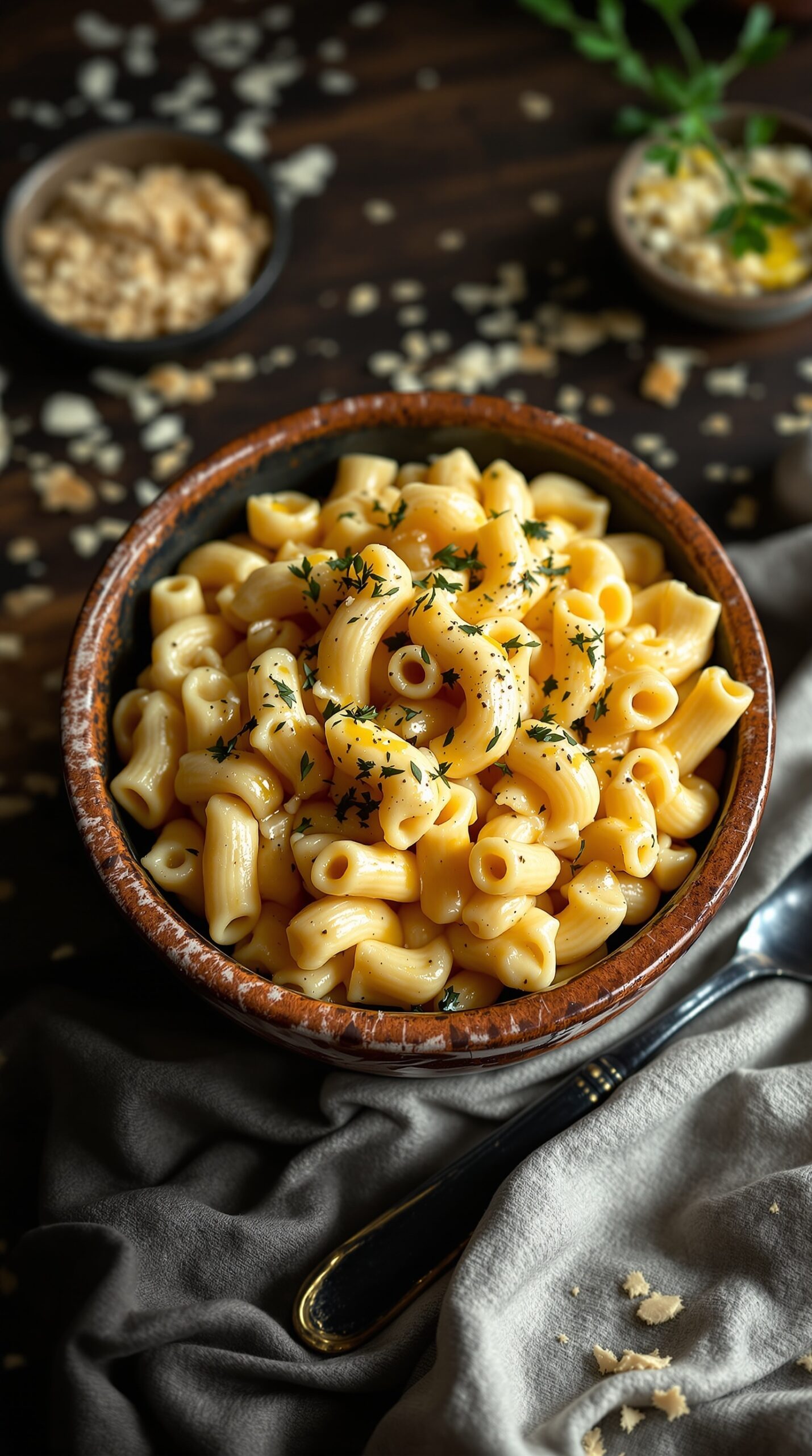 A bowl of creamy truffle oil infused mac and cheese topped with herbs.