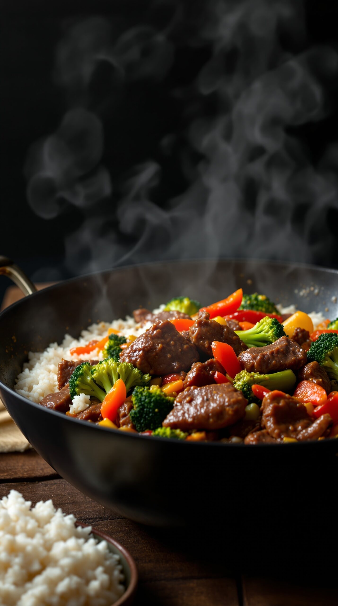A delicious beef stir-fry with broccoli and bell peppers served over rice