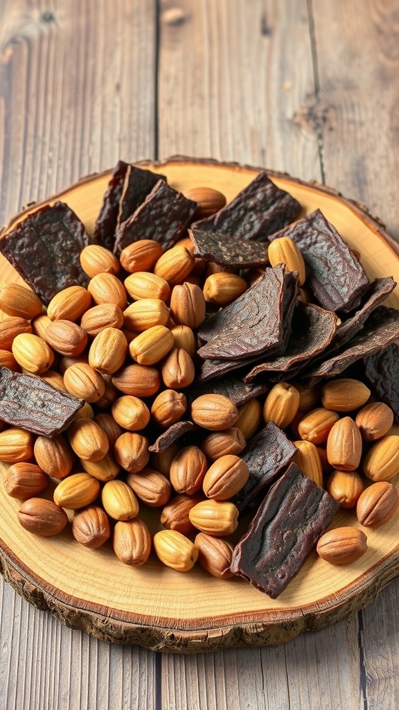 A wooden platter with beef jerky pieces and mixed nuts.