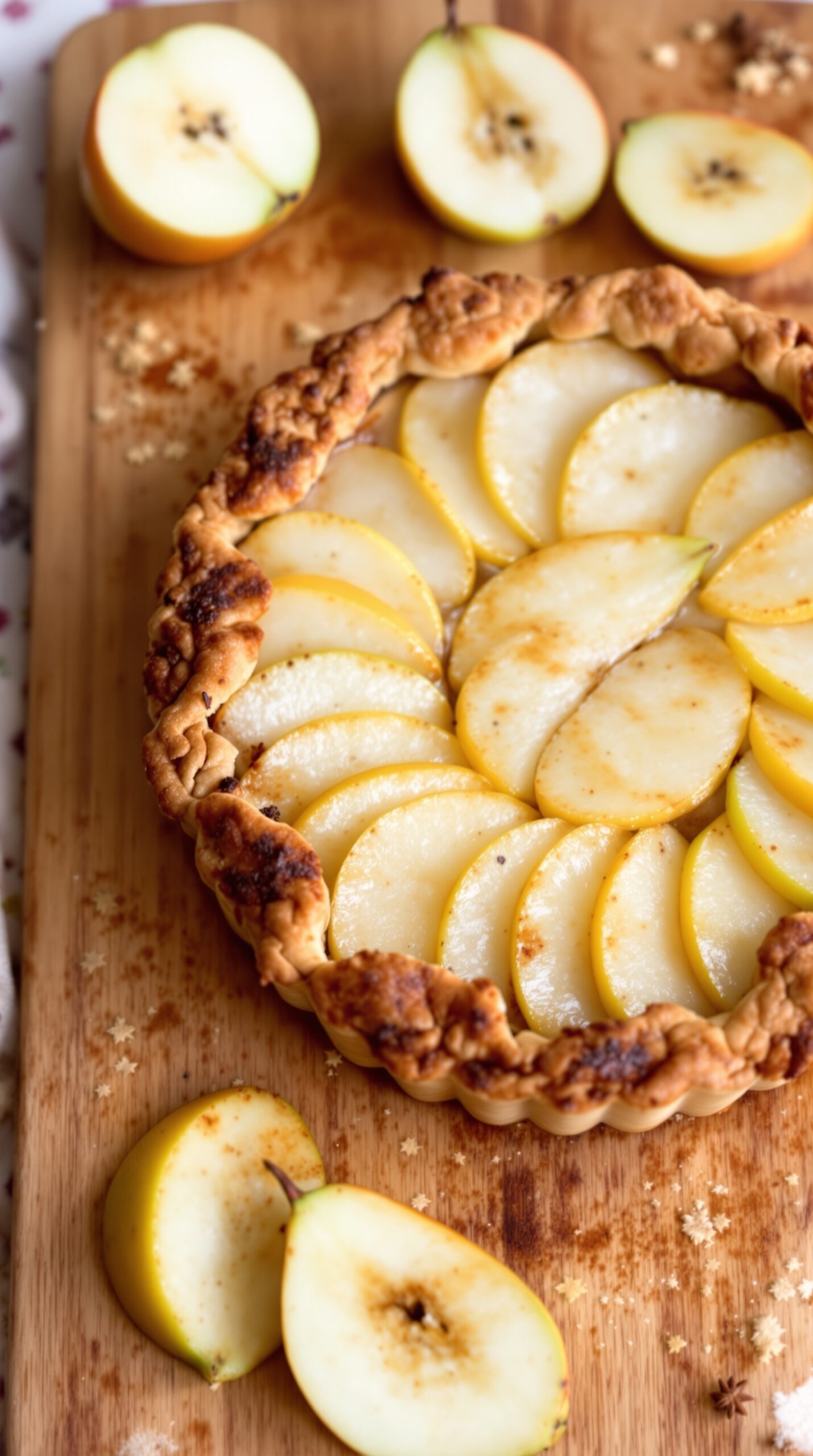 A beautifully baked spiced pear tart with sliced pears arranged on top, surrounded by whole pears on a wooden cutting board.