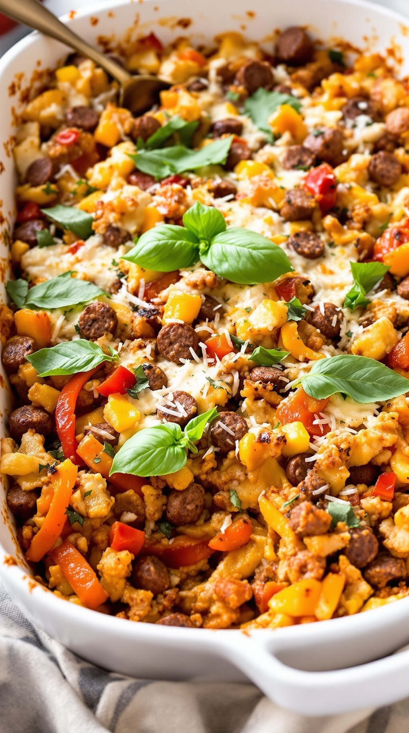A delicious dish of Italian Sausage and Peppers Stuffing topped with fresh basil and melted cheese.