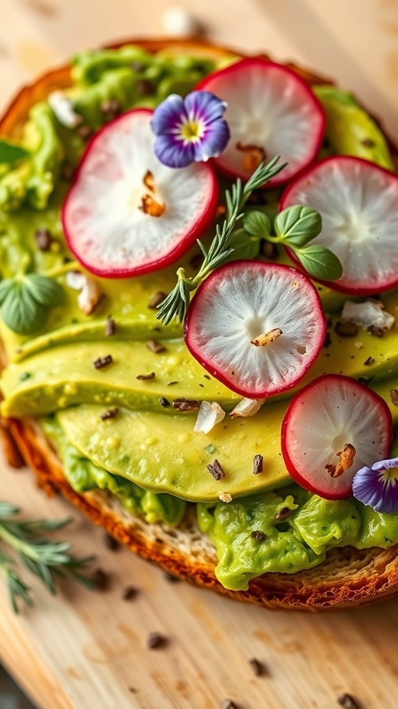 Artfully plated avocado toast with radish slices and herbs