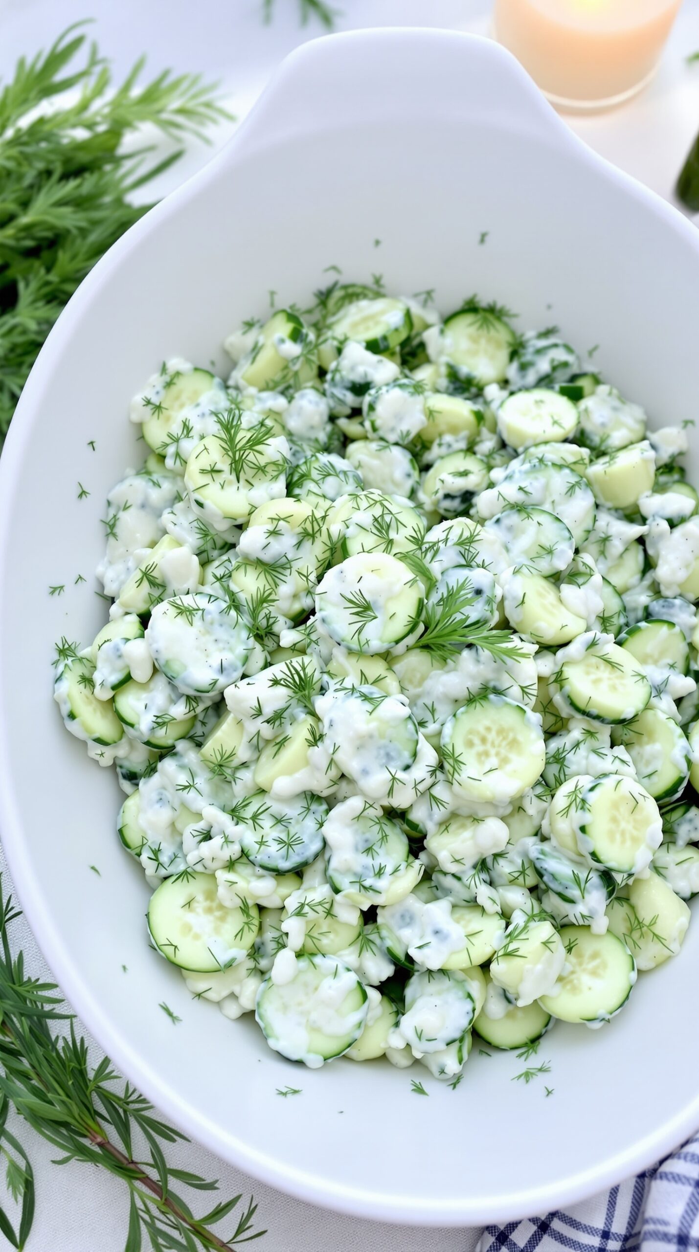 A bowl of creamy cucumber salad with dill, featuring sliced cucumbers mixed with a creamy dressing and fresh dill.