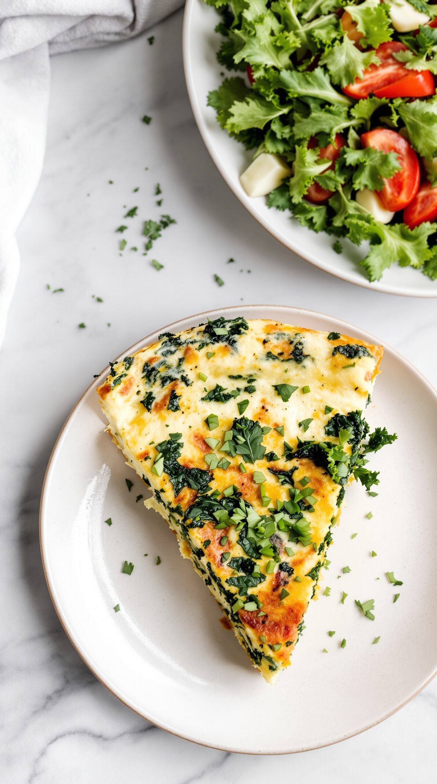 A slice of sweet potato and kale frittata on a plate with fresh herbs sprinkled on top.