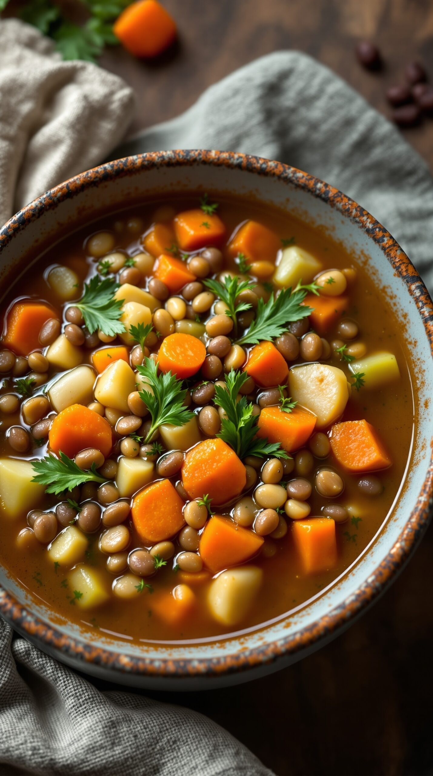 A bowl of hearty lentil and vegetable soup with colorful ingredients.