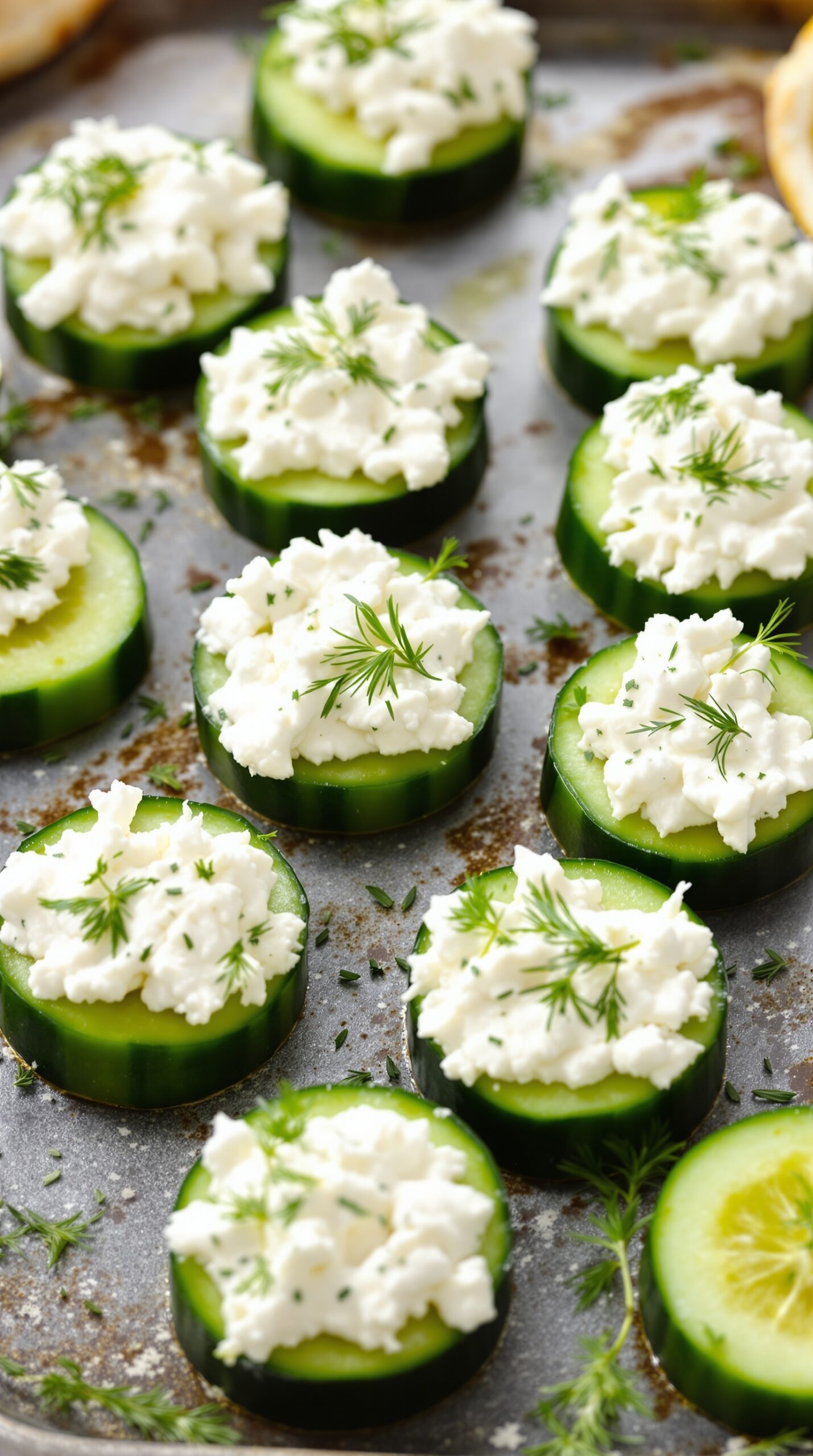 Cucumber slices topped with cream cheese and fresh dill