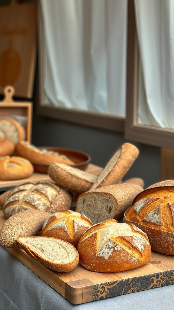 A rustic display of various artisan breads on a wooden board, showcasing different shapes and textures.